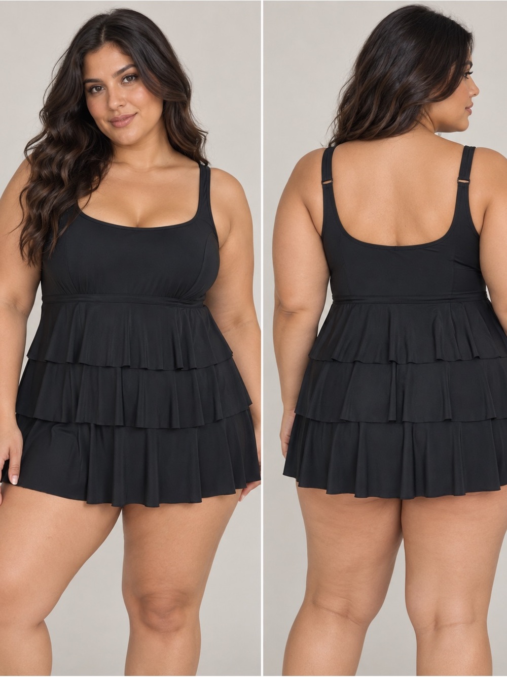 Longitude 22W Black Tiered Ruffle Swimdress One Piece Swimsuit Plus Size NWOT